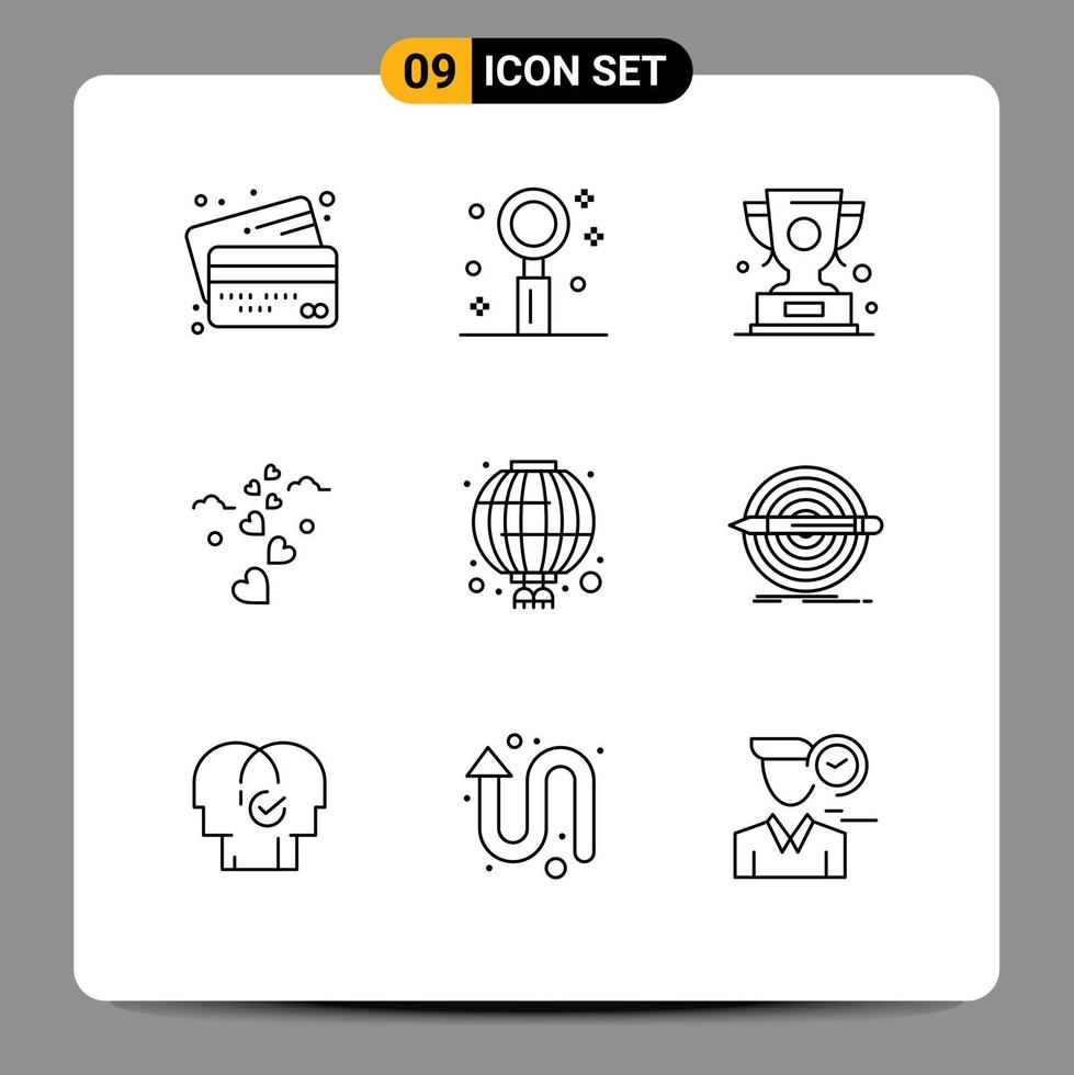 paquete de iconos de vector de stock de 9 signos y símbolos de línea para corazones amorosos romance ganador ganar elementos de diseño de vector editables