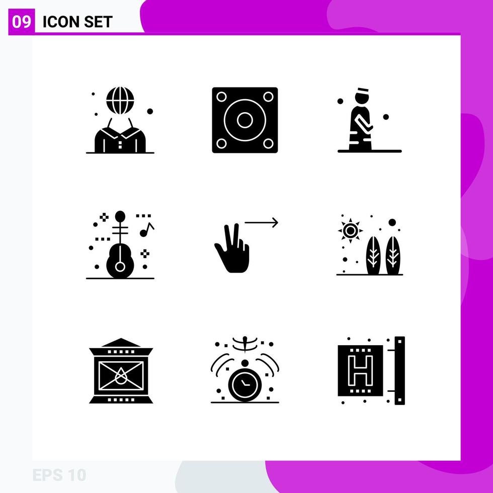 Pack of 9 Modern Solid Glyphs Signs and Symbols for Web Print Media such as fingers music technology guitar pray Editable Vector Design Elements