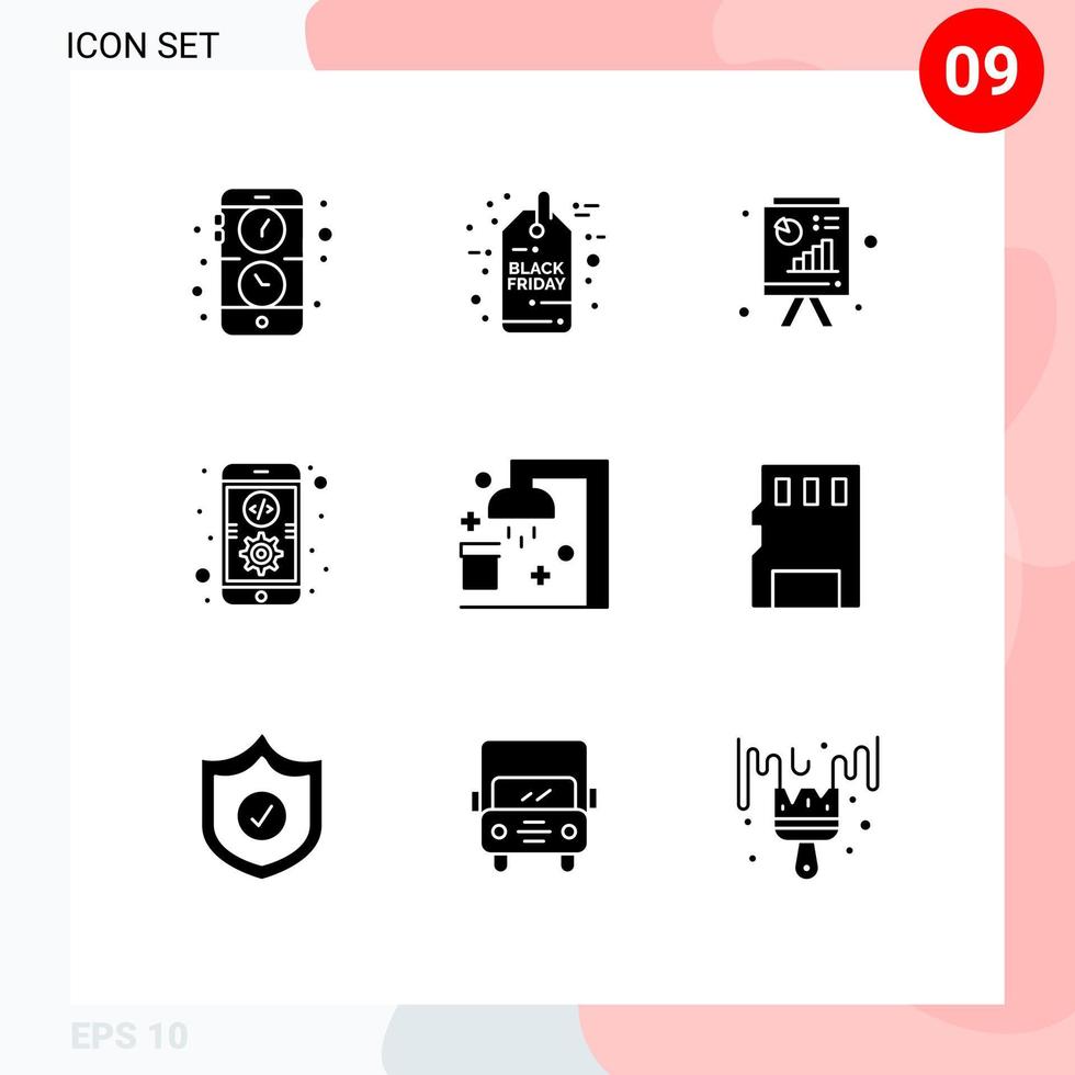 Set of 9 Vector Solid Glyphs on Grid for clean mobile analytics development app Editable Vector Design Elements