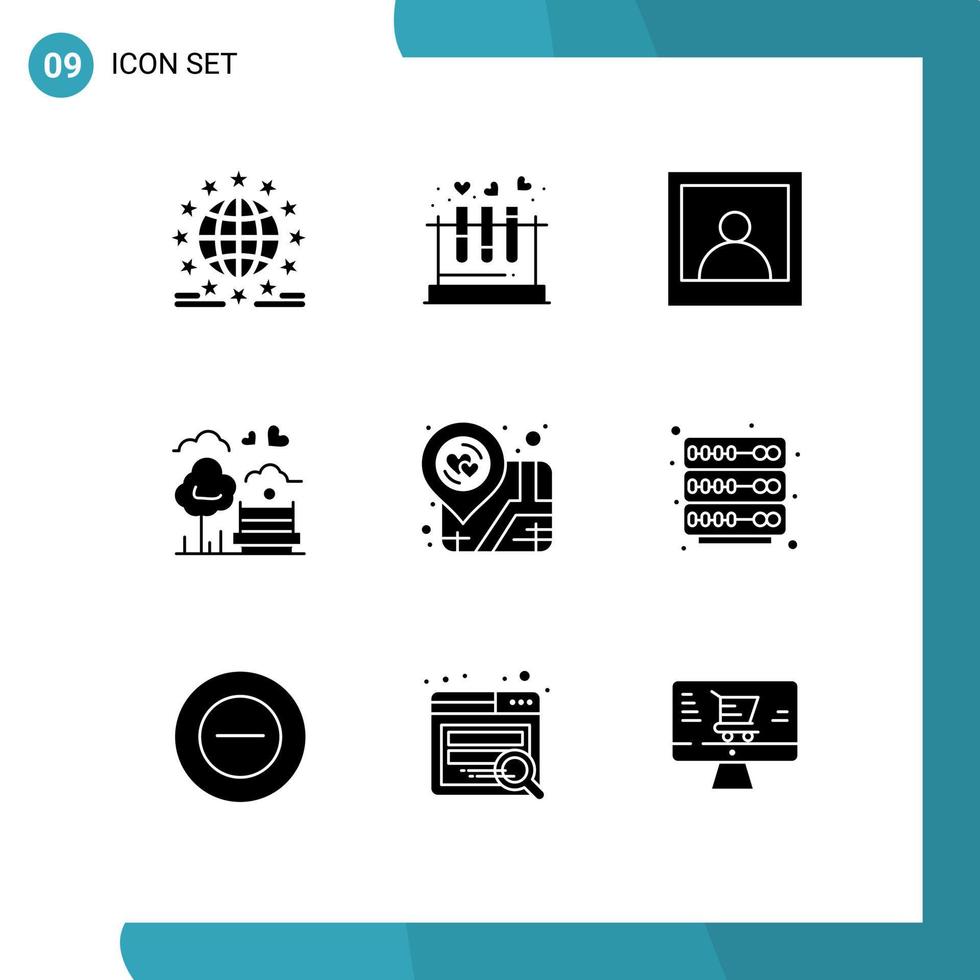 Modern Set of 9 Solid Glyphs and symbols such as location love heart bench park Editable Vector Design Elements