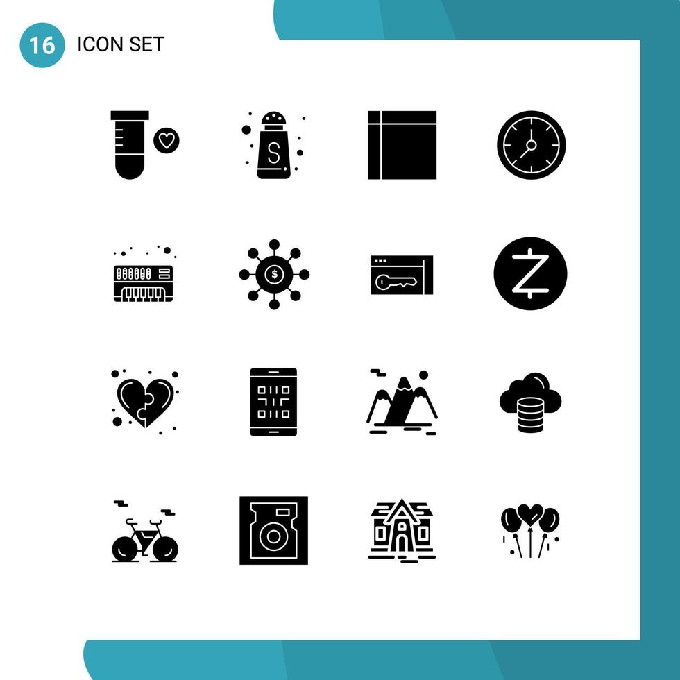 Group of 16 Modern Solid Glyphs Set for synthesizer analog home watch time Editable Vector Design Elements