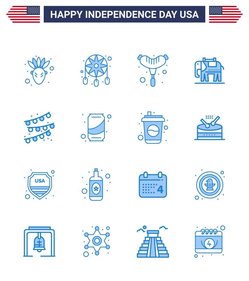 16 USA Blue Pack of Independence Day Signs and Symbols of can party bulb frankfurter party decoration usa Editable USA Day Vector Design Elements
