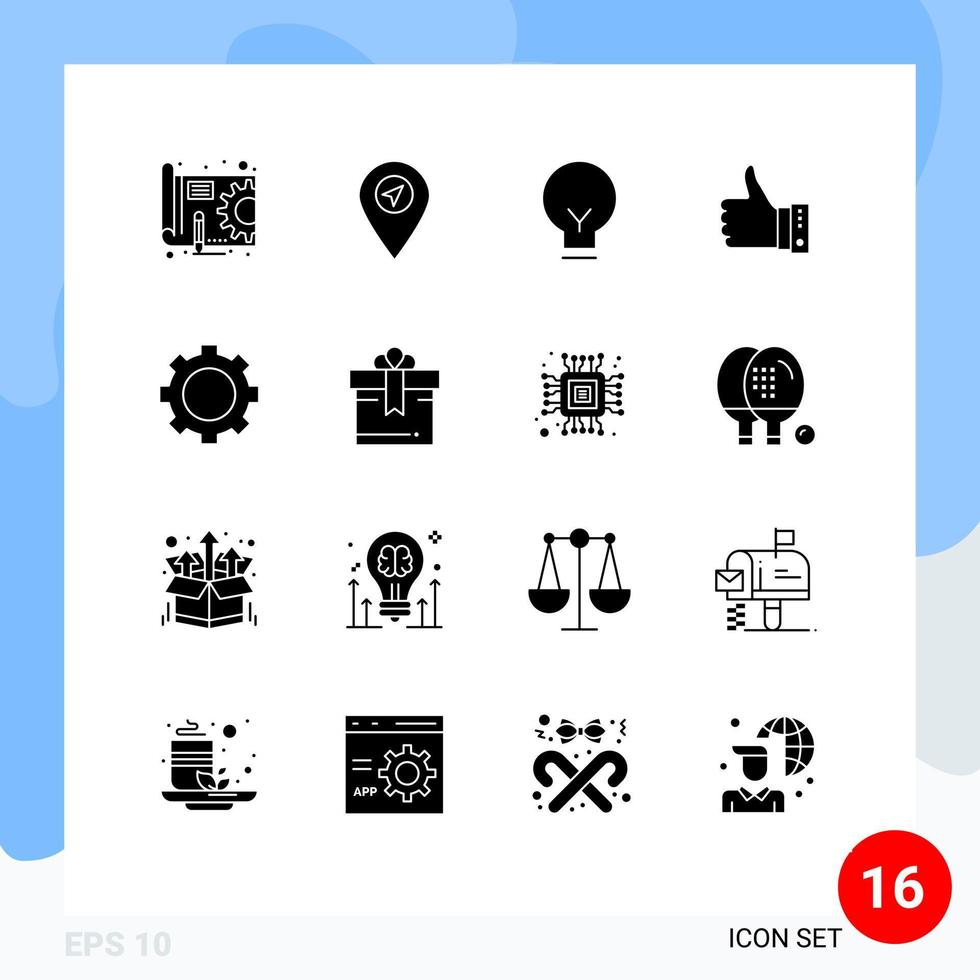 Group of 16 Solid Glyphs Signs and Symbols for yes thumbs bulb hand finger Editable Vector Design Elements