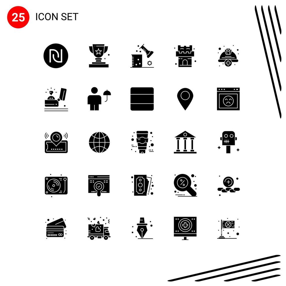 25 Universal Solid Glyphs Set for Web and Mobile Applications add castle trophy beach science of matter Editable Vector Design Elements