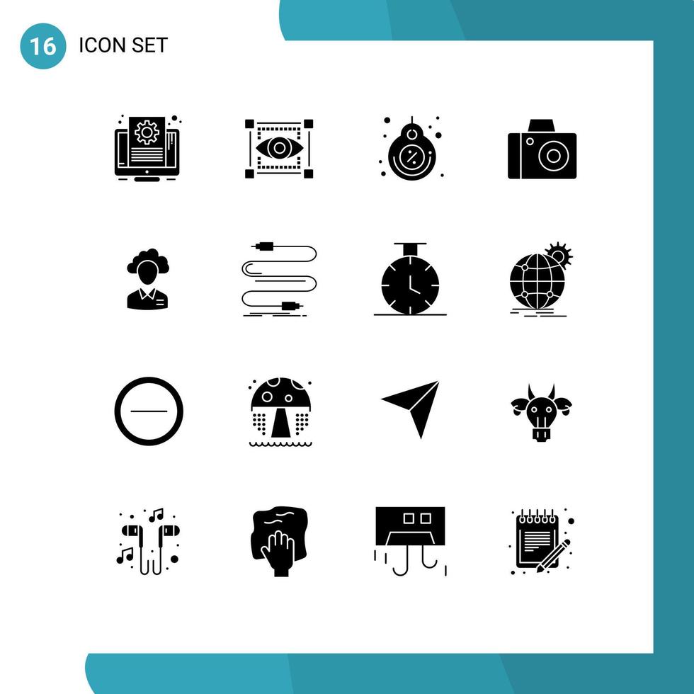 Modern Set of 16 Solid Glyphs and symbols such as cloud studio label photo discount Editable Vector Design Elements