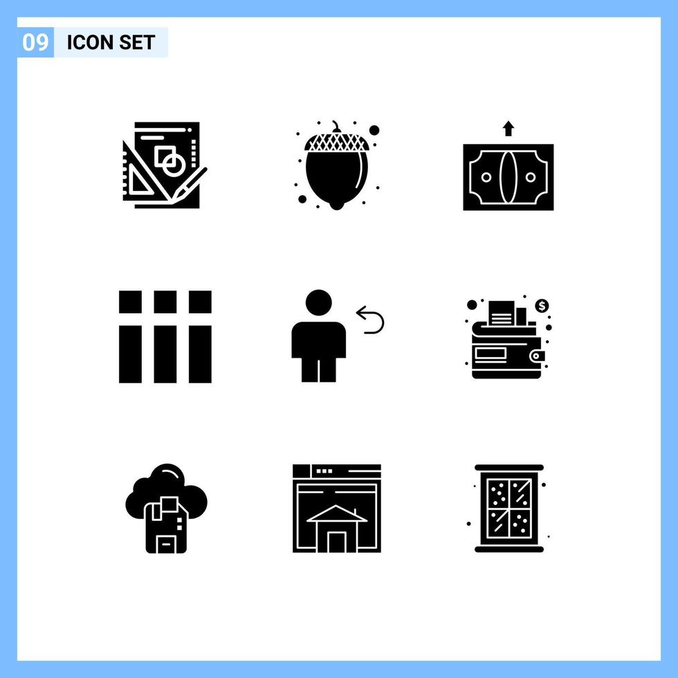 Mobile Interface Solid Glyph Set of 9 Pictograms of body avatar business layout frame Editable Vector Design Elements