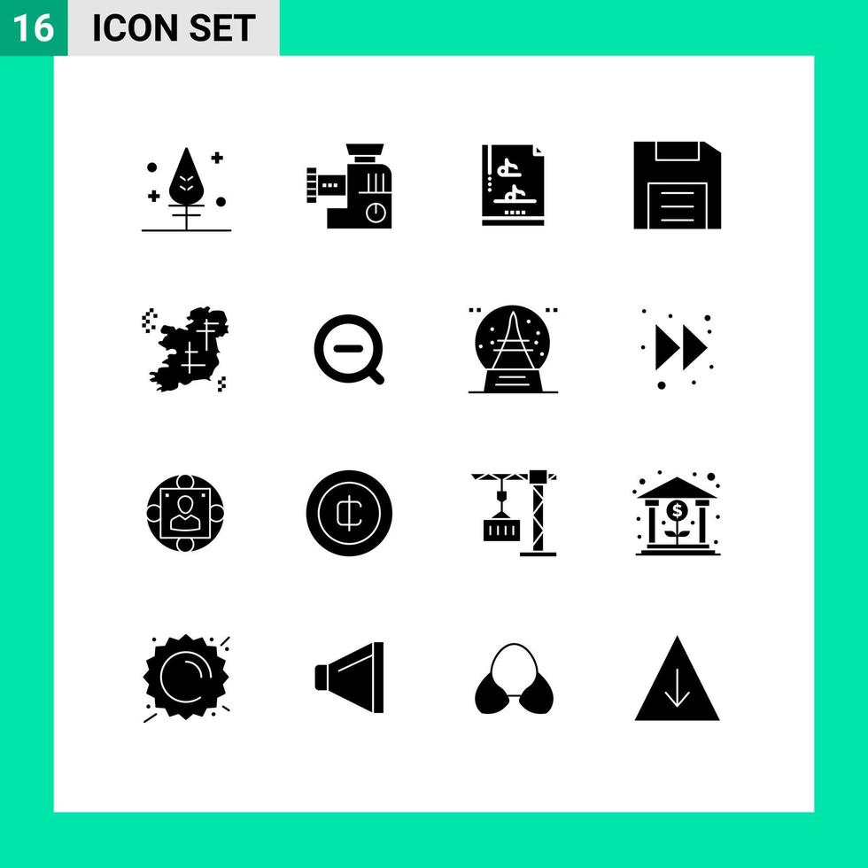 Set of 16 Vector Solid Glyphs on Grid for location ireland music gadget disc Editable Vector Design Elements