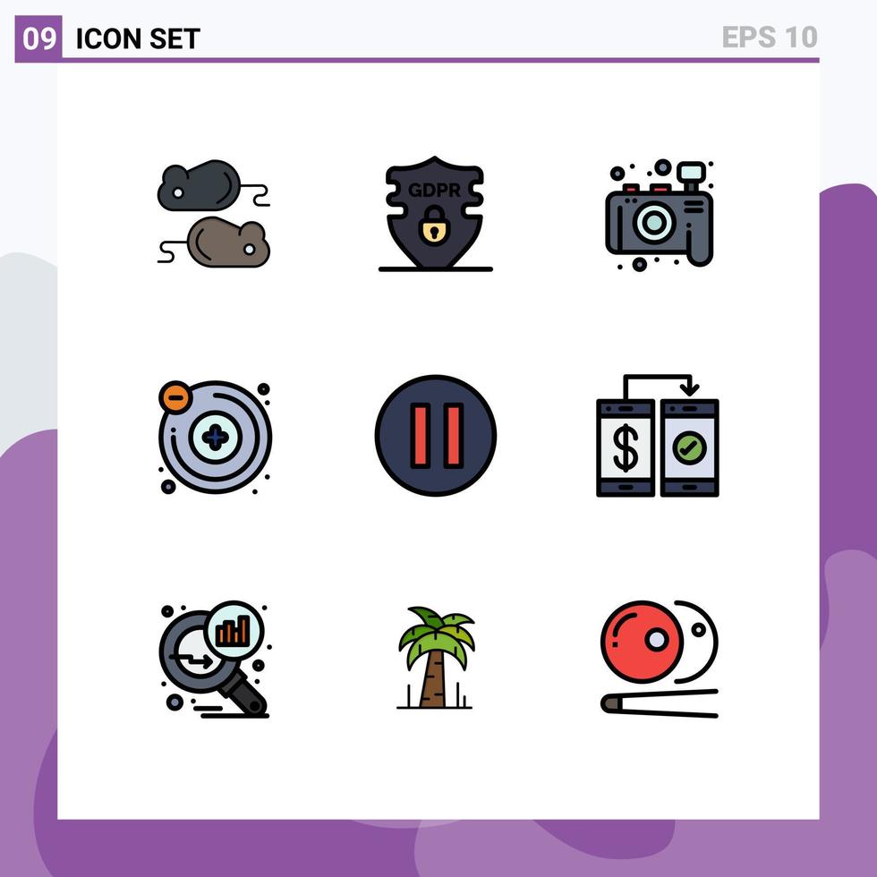 Modern Set of 9 Filledline Flat Colors and symbols such as cashless pause camera multimedia chemistry Editable Vector Design Elements
