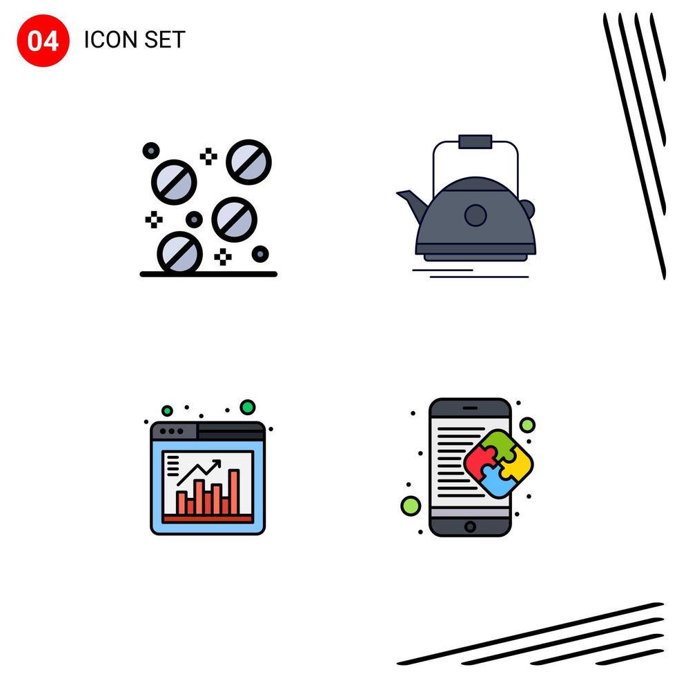 Pack of 4 Modern Filledline Flat Colors Signs and Symbols for Web Print Media such as medicine bar tea camping chart Editable Vector Design Elements