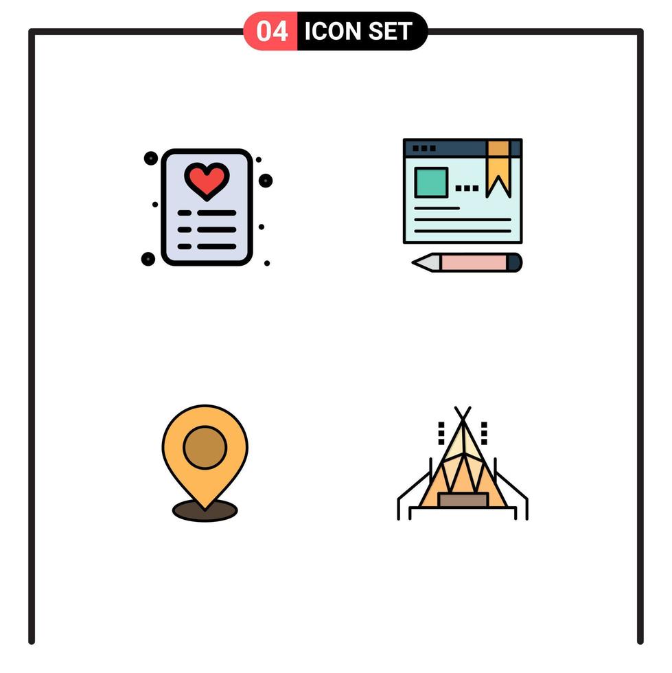 paquete de 4 signos y símbolos de colores planos de línea de llenado modernos para medios de impresión web, como elementos de diseño de vectores editables de pin de educación de navegador de marca de compras