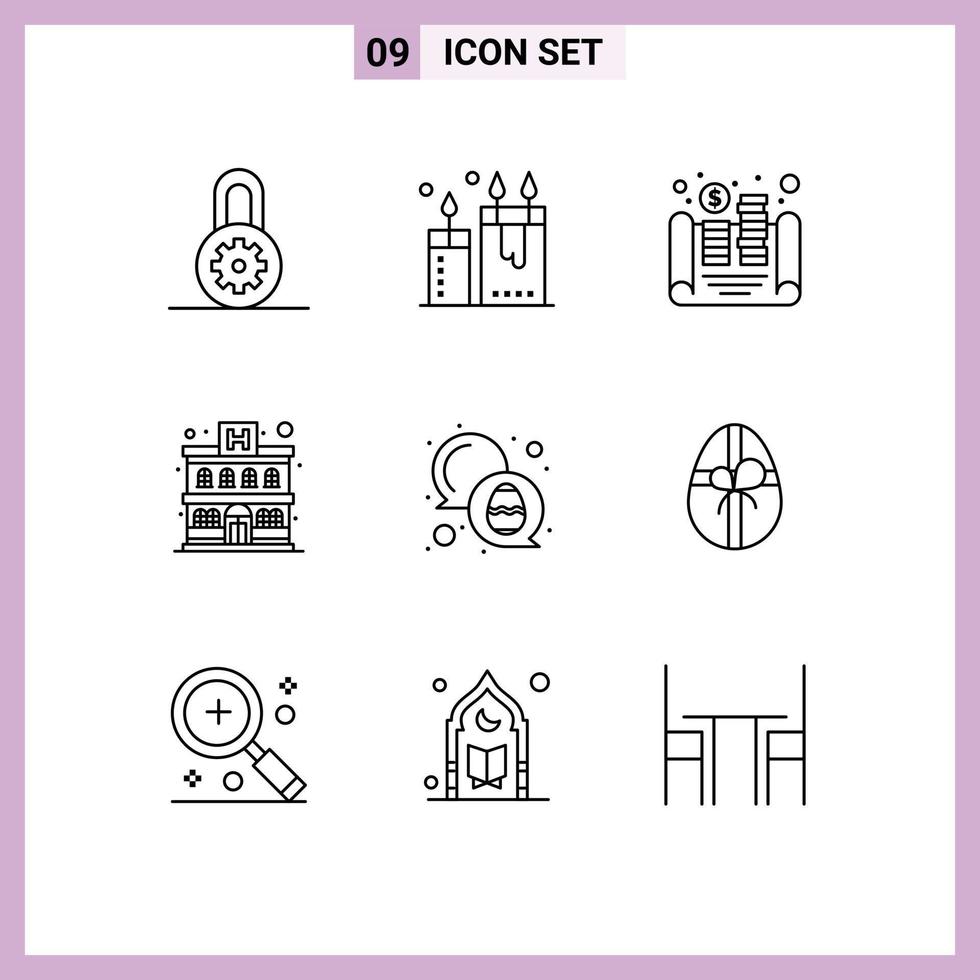 Group of 9 Outlines Signs and Symbols for easter chat cash hotel apartment Editable Vector Design Elements