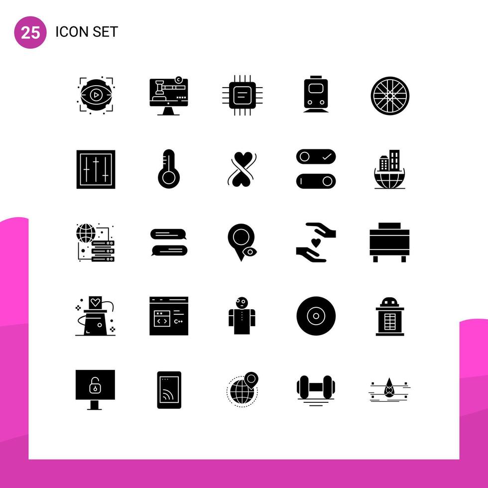 Solid Glyph Pack of 25 Universal Symbols of sports transportation chip train rail Editable Vector Design Elements