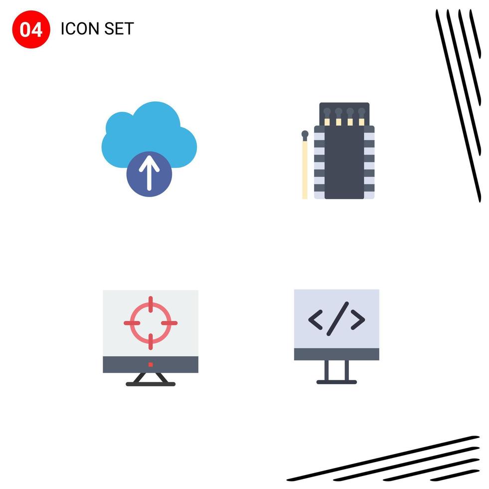 4 iconos planos universales establecidos para aplicaciones web y móviles seo en la nube coincide con la hoguera apuntando a elementos de diseño de vectores editables