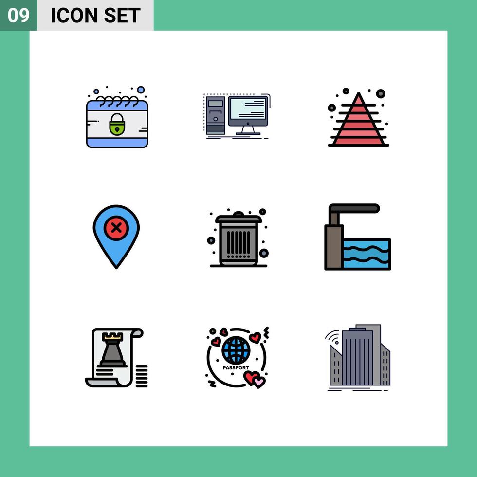 Editable Vector Line Pack of 9 Simple Filledline Flat Colors of bin navigation system map pyramid Editable Vector Design Elements