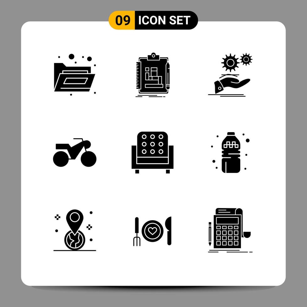 Group of 9 Modern Solid Glyphs Set for seat furniture solution motorcycle services Editable Vector Design Elements