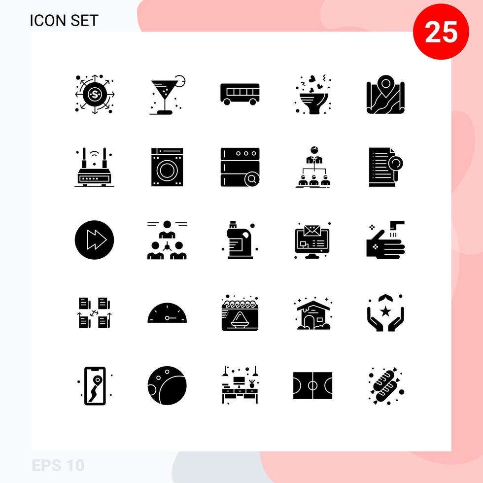 Group of 25 Modern Solid Glyphs Set for map love ice flower vehicle Editable Vector Design Elements