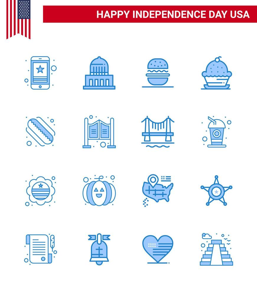 Modern Set of 16 Blues and symbols on USA Independence Day such as thanksgiving muffin usa dessert usa Editable USA Day Vector Design Elements