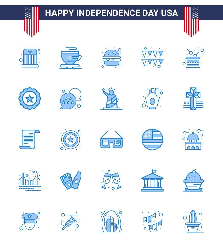 4th July USA Happy Independence Day Icon Symbols Group of 25 Modern Blues of independence holiday fast food drum paper Editable USA Day Vector Design Elements