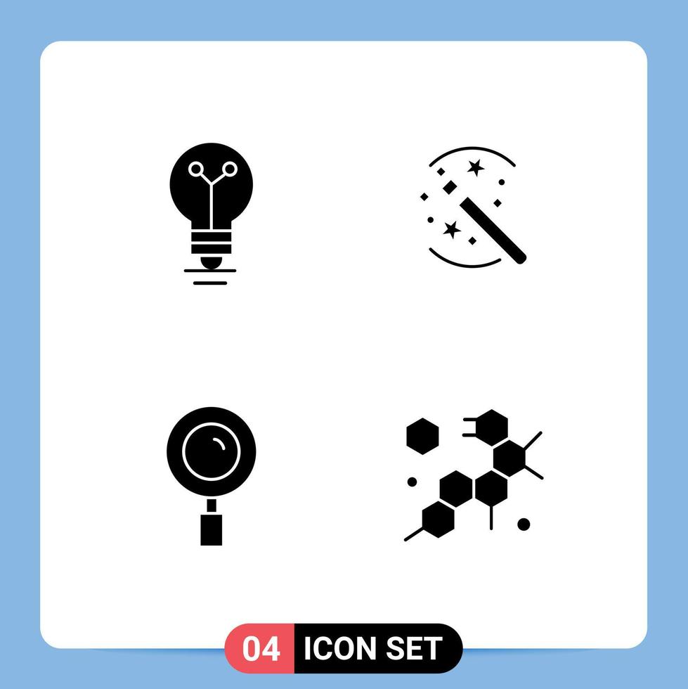 Modern Set of 4 Solid Glyphs and symbols such as bulb magnifier biochemistry magic search Editable Vector Design Elements