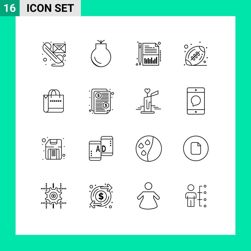 16 iconos creativos, signos y símbolos modernos de bolsos, armas deportivas, hojas de bolas, elementos de diseño vectorial editables vector