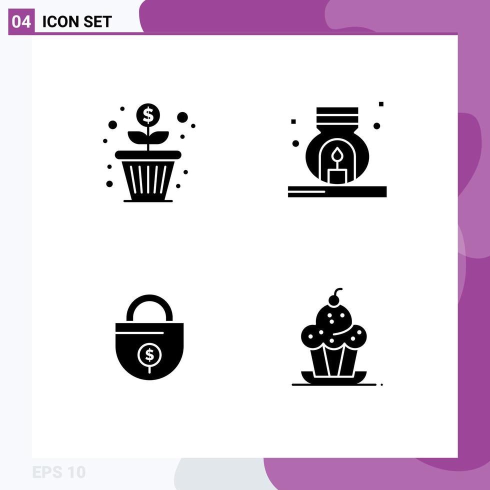 Modern Set of 4 Solid Glyphs Pictograph of flower investment money growth scent lock Editable Vector Design Elements