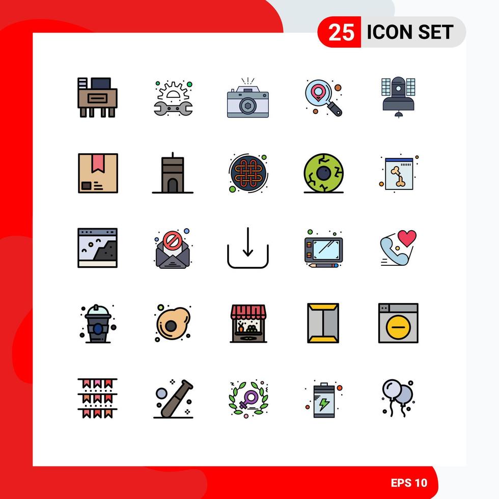 Universal Icon Symbols Group of 25 Modern Filled line Flat Colors of broadcasting satellite photography search find Editable Vector Design Elements