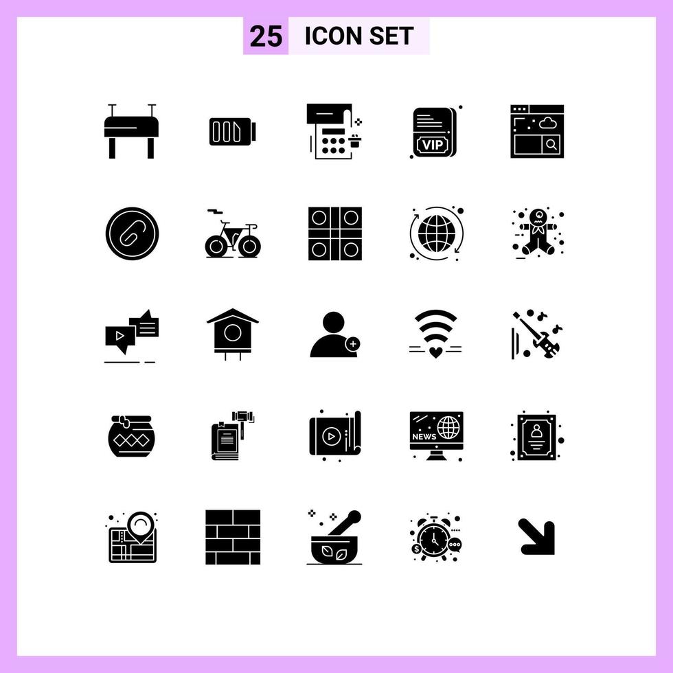 25 Thematic Vector Solid Glyphs and Editable Symbols of document search event internet vip Editable Vector Design Elements