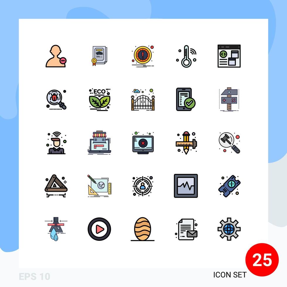 Pictogram Set of 25 Simple Filled line Flat Colors of develop browser attention app temperature Editable Vector Design Elements
