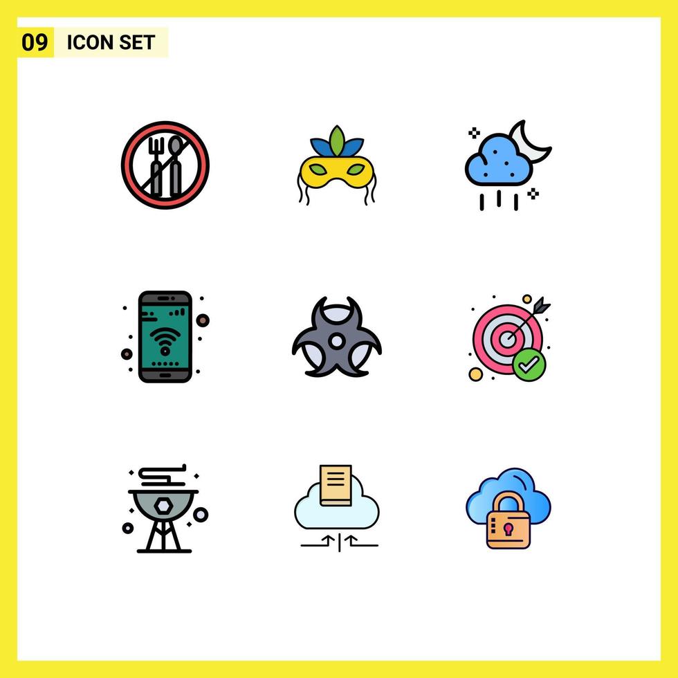 Pack of 9 Modern Filledline Flat Colors Signs and Symbols for Web Print Media such as science education storage wifi mobile Editable Vector Design Elements
