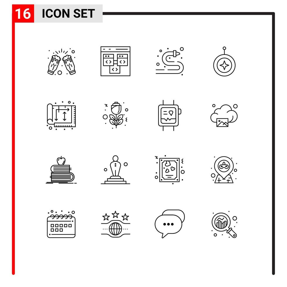 Modern Set of 16 Outlines Pictograph of shield star develop badge water Editable Vector Design Elements
