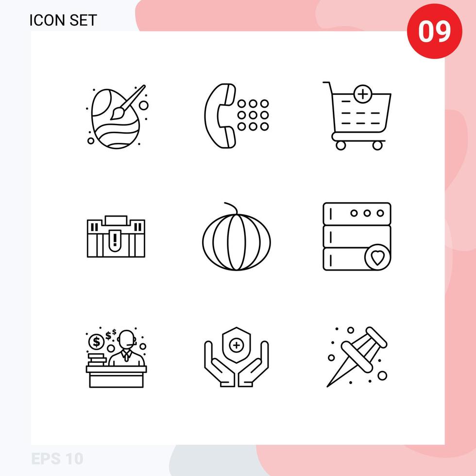 Mobile Interface Outline Set of 9 Pictograms of suitcase holding phone case briefcase Editable Vector Design Elements