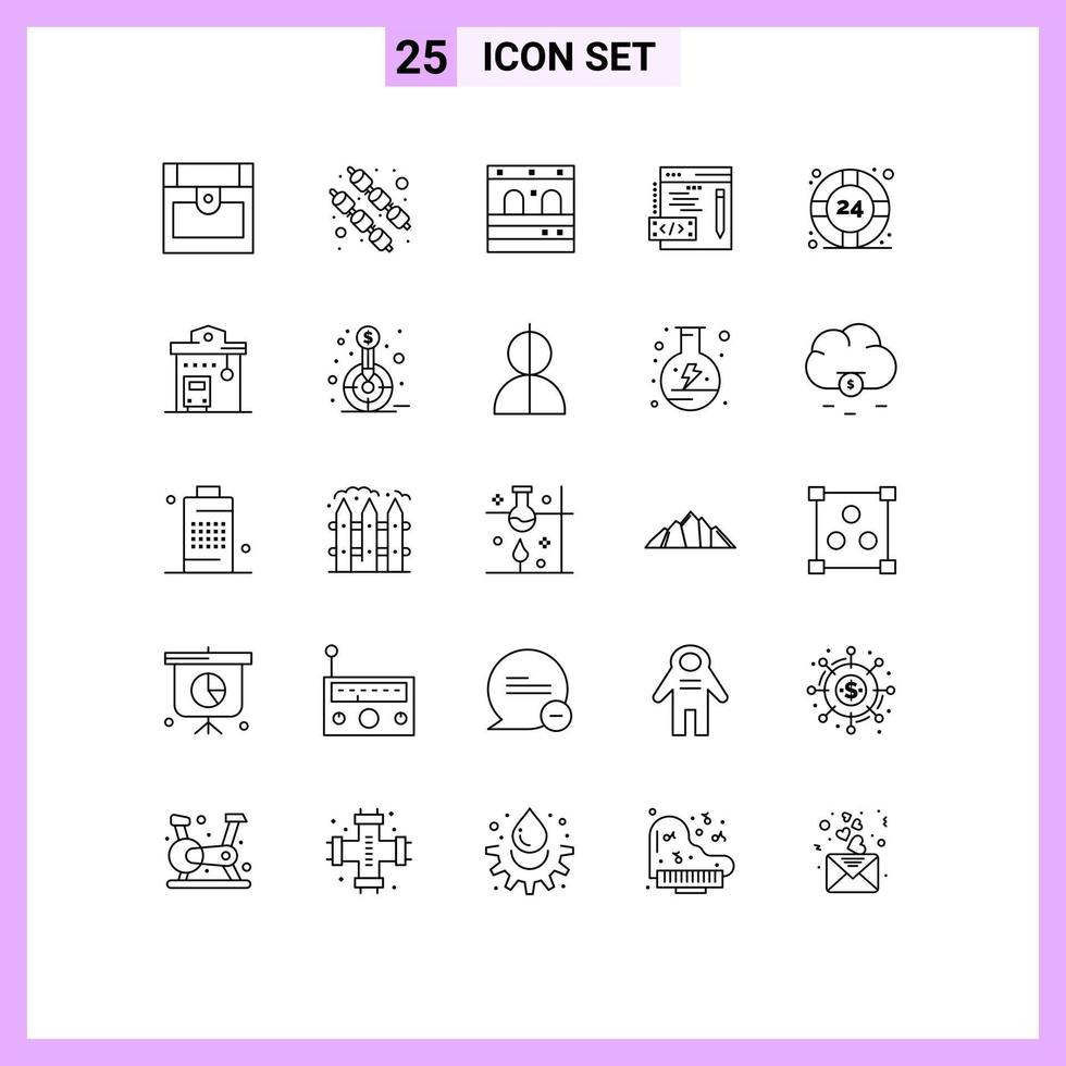 25 iconos creativos, signos y símbolos modernos de la estación de autobuses, soporte de trenes, ayuda para elementos de diseño de vectores editables