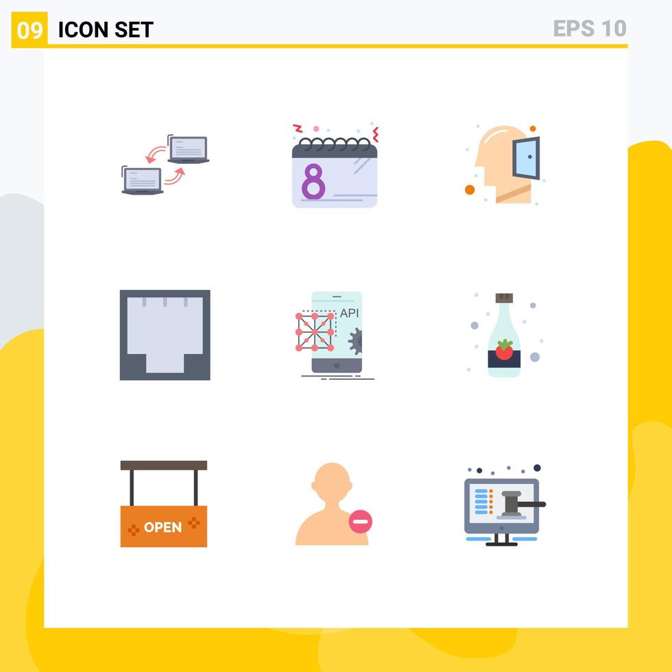 Group of 9 Flat Colors Signs and Symbols for network ethernet women connection open mind Editable Vector Design Elements