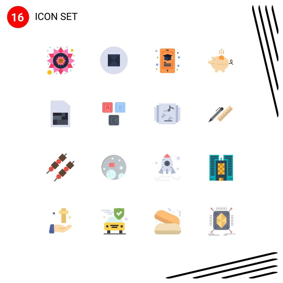 Pictogram Set of 16 Simple Flat Colors of sim card mobile sim mobile savings piggy Editable Pack of Creative Vector Design Elements