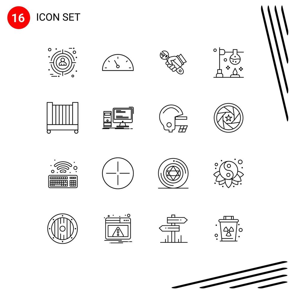 Mobile Interface Outline Set of 16 Pictograms of child science repair experiment burner Editable Vector Design Elements