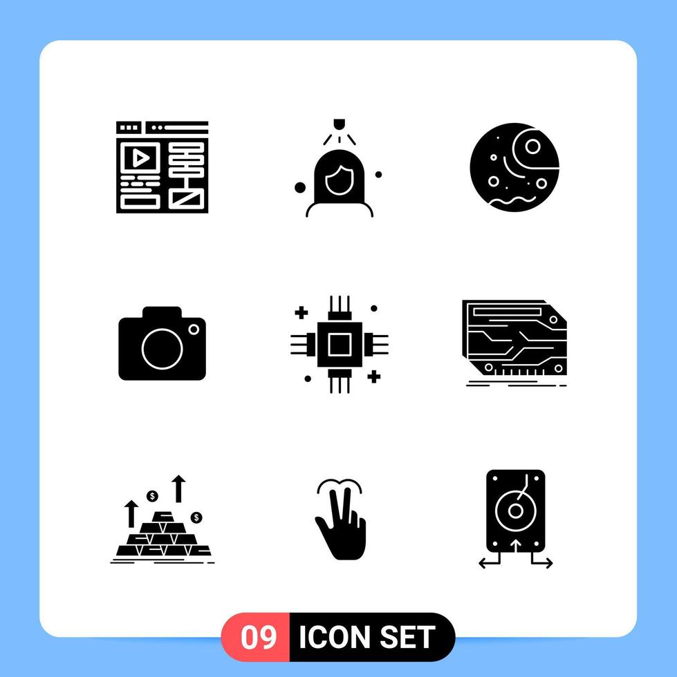 9 símbolos de glifo de paquete de iconos negros sólidos para aplicaciones móviles aisladas sobre fondo blanco vector