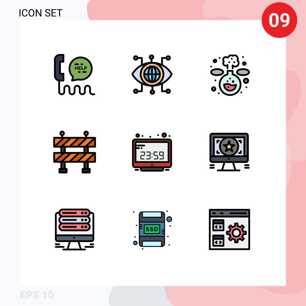 9 Thematic Vector Filledline Flat Colors and Editable Symbols of computer time computer vision clock block Editable Vector Design Elements