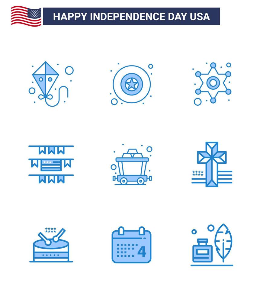 USA Independence Day Blue Set of 9 USA Pictograms of cross rail star mine american Editable USA Day Vector Design Elements