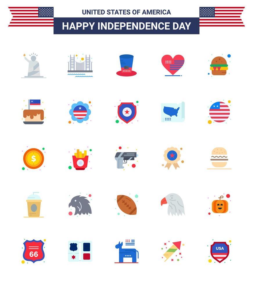 feliz día de la independencia paquete de iconos de 25 pisos para web e impresión hito del corazón americano sombrero de estados unidos elementos de diseño vectorial editables del día de estados unidos vector