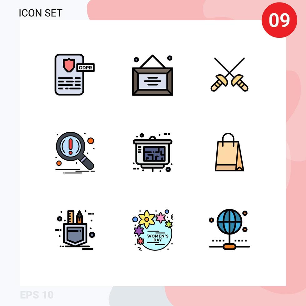 Universal Icon Symbols Group of 9 Modern Filledline Flat Colors of property presentation architect fencing search magnifier Editable Vector Design Elements