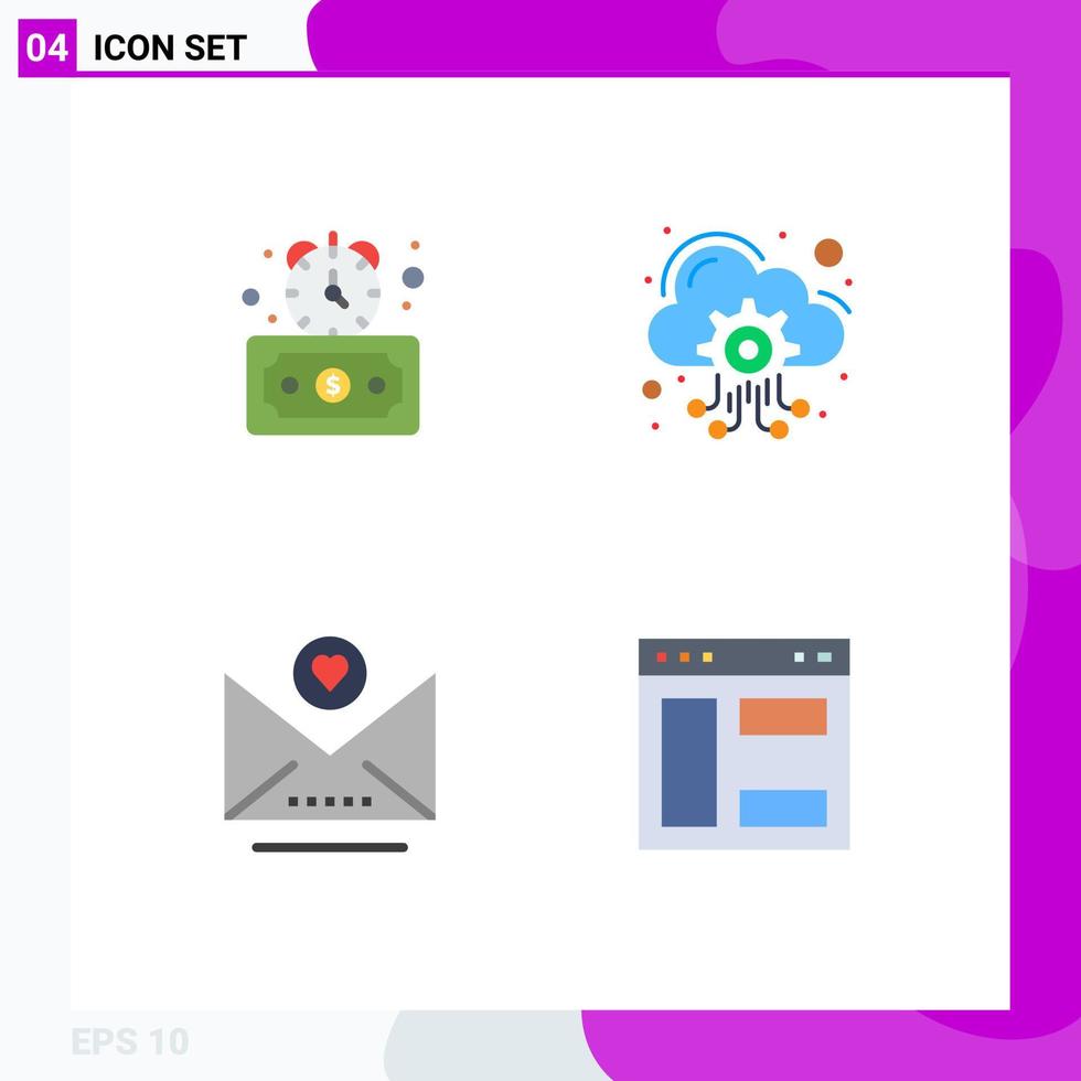 4 Universal Flat Icon Signs Symbols of timer heart stopwatch hosting server browser Editable Vector Design Elements