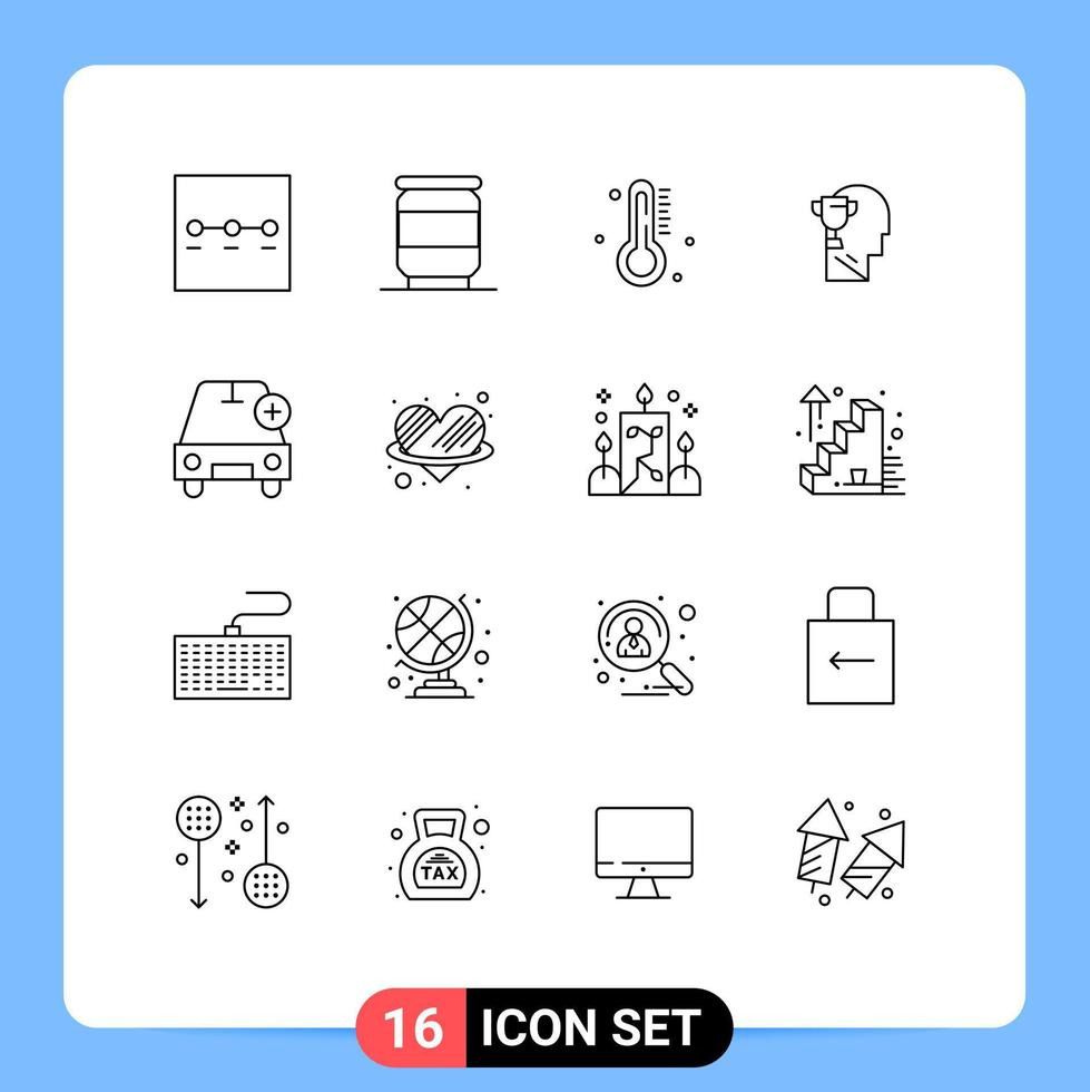 Pack of 16 Modern Outlines Signs and Symbols for Web Print Media such as plus car weather add award Editable Vector Design Elements