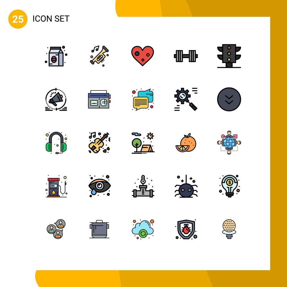 Filled line Flat Color Pack of 25 Universal Symbols of light gym trumpet dumbbells favorite Editable Vector Design Elements