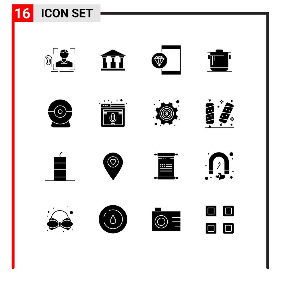 Group of 16 Modern Solid Glyphs Set for camera rice app kitchen programming Editable Vector Design Elements