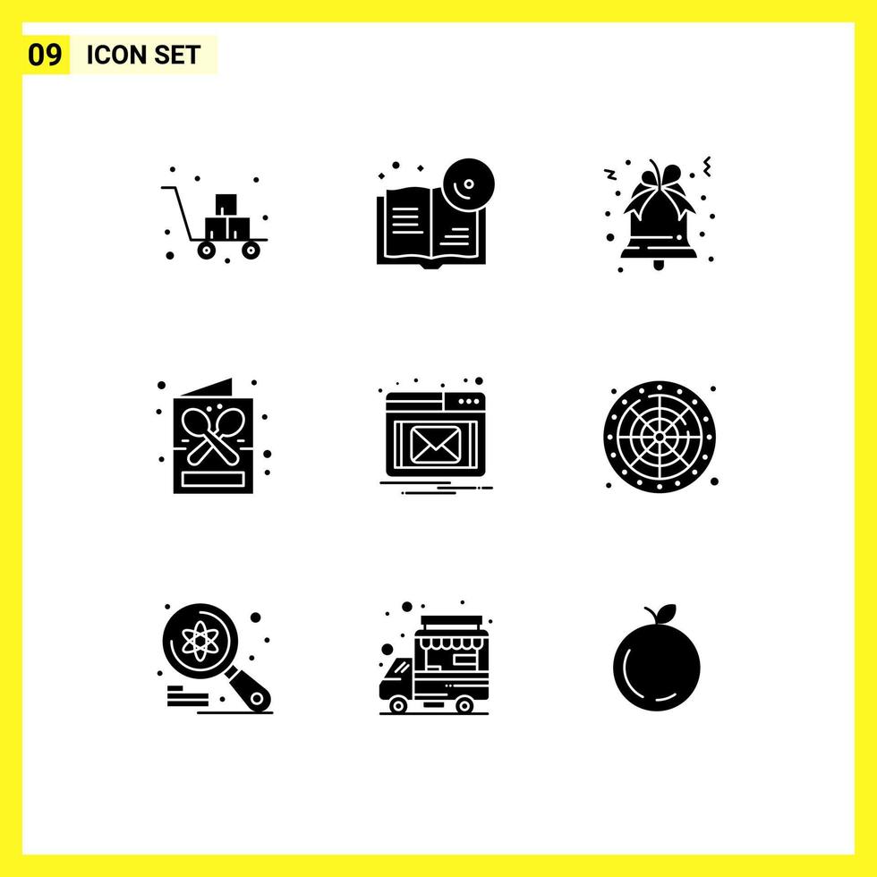 9 Thematic Vector Solid Glyphs and Editable Symbols of email menu cd drink coffee Editable Vector Design Elements