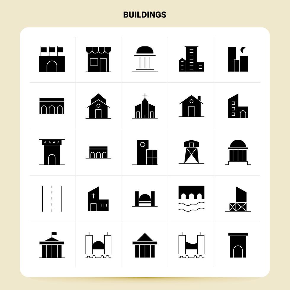 conjunto de iconos de 25 edificios sólidos diseño de estilo de glifo vectorial conjunto de iconos negros diseño de ideas de negocios web y móvil ilustración vectorial vector