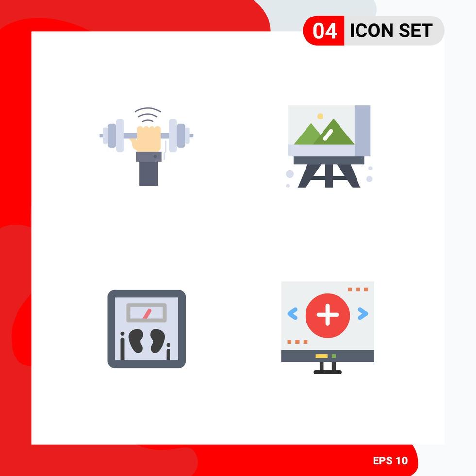 Mobile Interface Flat Icon Set of 4 Pictograms of dumbbell scale power art board machine Editable Vector Design Elements