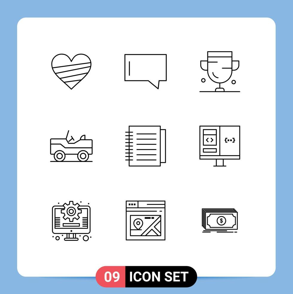 Pack of 9 Modern Outlines Signs and Symbols for Web Print Media such as notebook van achievement vehicle trophy Editable Vector Design Elements
