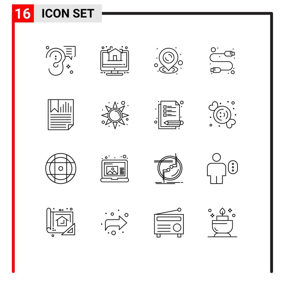 Modern Set of 16 Outlines and symbols such as data usb real estate hardware cable Editable Vector Design Elements