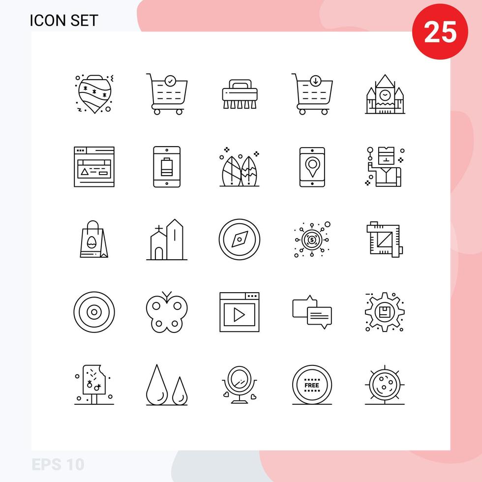 Stock Vector Icon Pack of 25 Line Signs and Symbols for landmark centre block brush canada checkout Editable Vector Design Elements